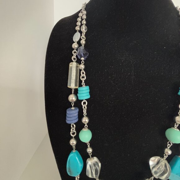 Chicos Long Necklace Multi-Bead Faux Gemstone Silver Chain Contemporary 40" Blue - Picture 4 of 8